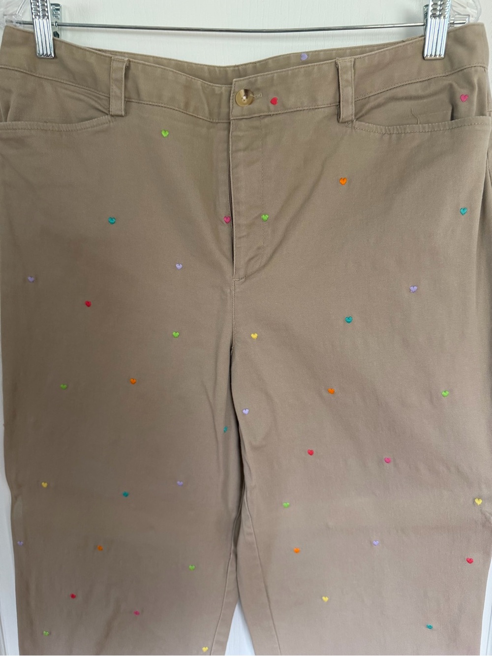 Tan Crop/capri Pants with Multicolor Embroidery, sz 14